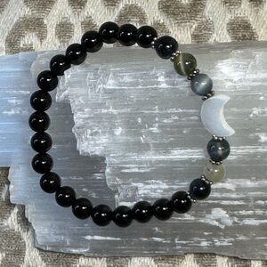 Dream Tiger Eye & Black Obsidian Crystal Gemstone Stretch Bracelet Moon🌙